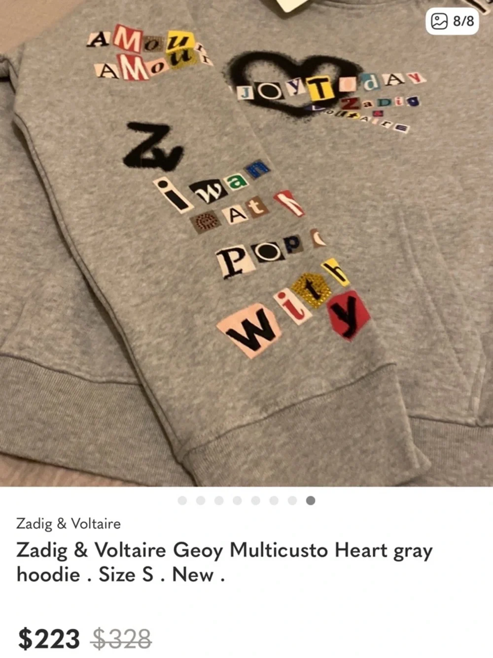 New Zadig & Voltaire Light Gray Graphic Hoodie with Multicolor Lettering - Picture 12 of 13
